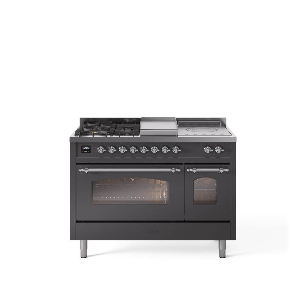 48'' Nostalgie II Series Freestanding Dual Fuel Range - Double Oven - Matte Graphite - Bronze trim - Griddle, Coup de Feu,- Natural Gas