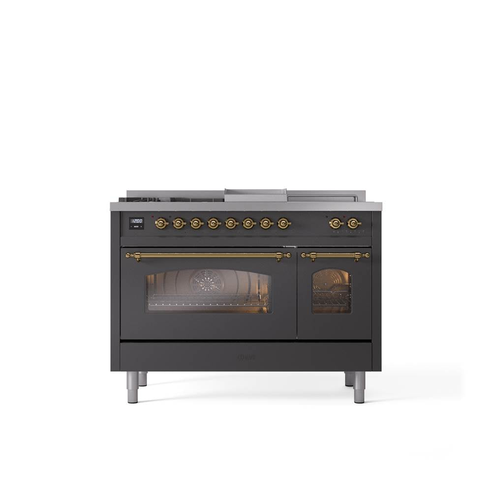 ILVE - 48'' Nostalgie II Series Freestanding Dual Fuel Range - Double Oven - Matte Graphite - Brass trim - Griddle, Coup de Feu,- Natural Gas - Brass