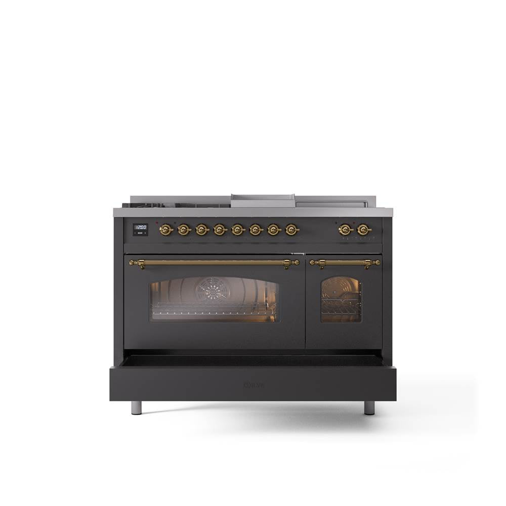 48'' Nostalgie II Series Freestanding Dual Fuel Range - Double Oven - Matte Graphite - Bronze trim - Griddle, Coup de Feu,- Natural Gas