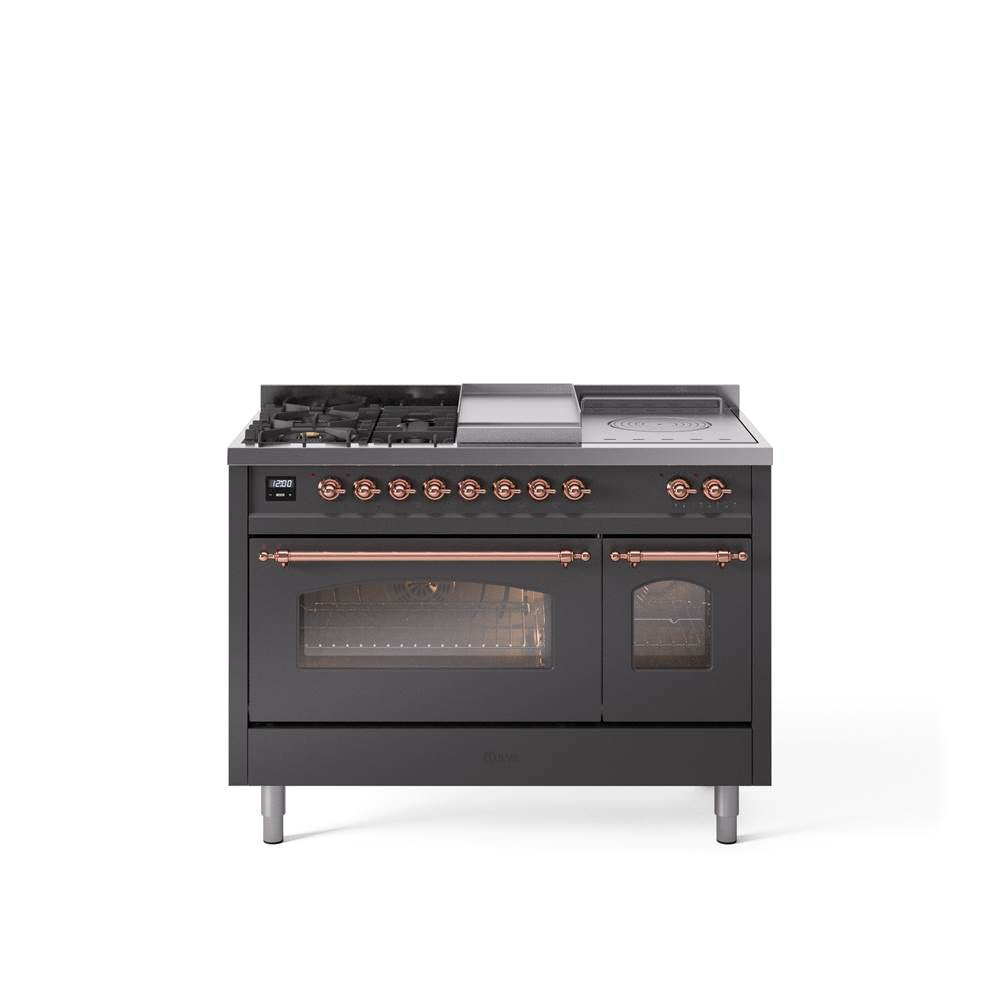 48'' Nostalgie II Series Freestanding Dual Fuel Range - Double Oven - Matte Graphite - Bronze trim - Griddle, Coup de Feu,- Natural Gas