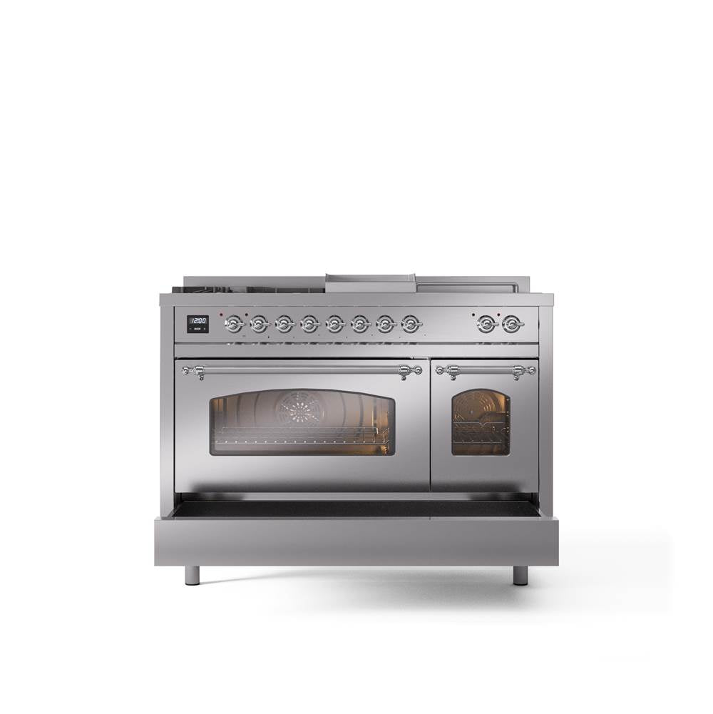 48'' Nostalgie II Series Freestanding Dual Fuel Range - Double Oven - Stainless Steel - Bronze trim - Griddle, Coup de Feu,- Natural Gas