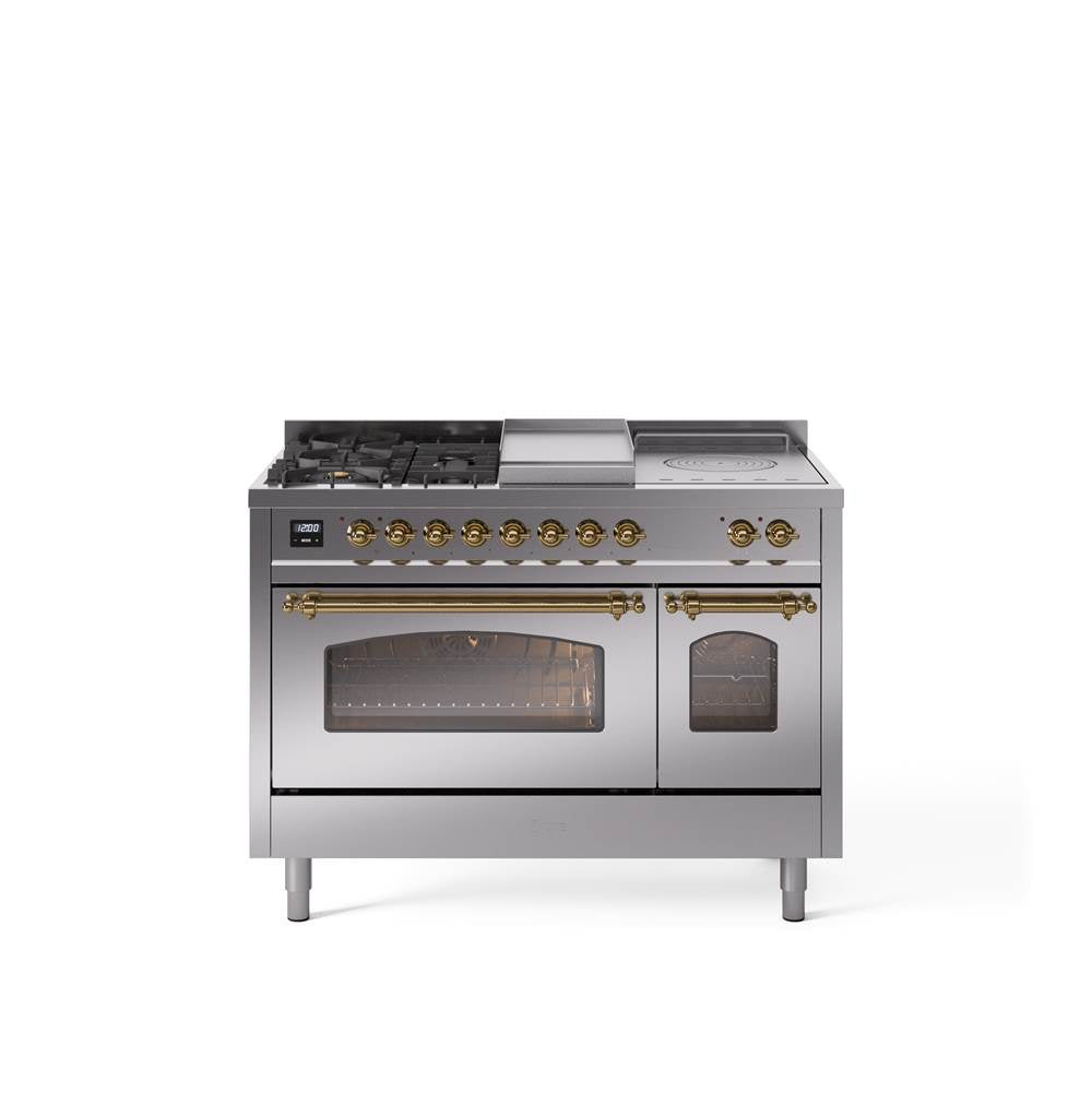48'' Nostalgie II Series Freestanding Dual Fuel Range - Double Oven - Stainless Steel - Bronze trim - Griddle, Coup de Feu,- Natural Gas