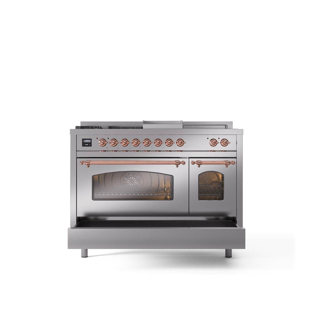 48'' Nostalgie II Series Freestanding Dual Fuel Range - Double Oven - Stainless Steel - Bronze trim - Griddle, Coup de Feu,- Natural Gas