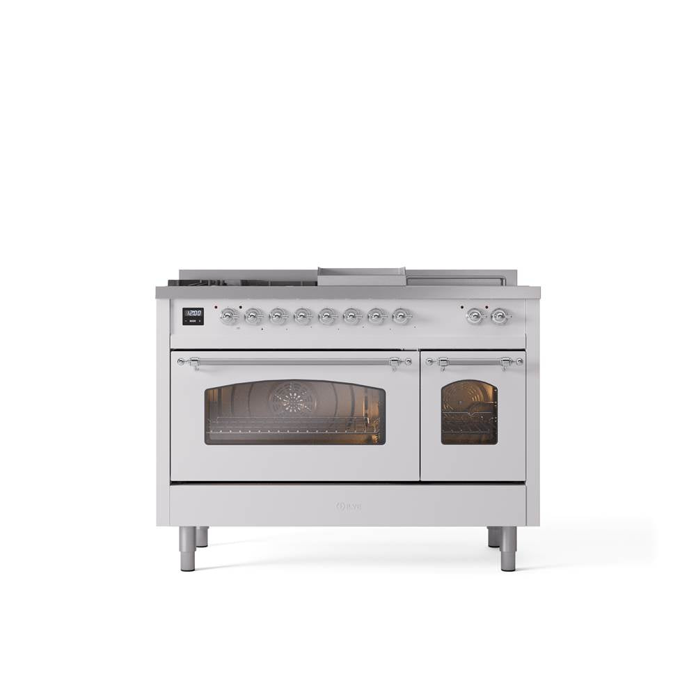 ILVE - 48'' Nostalgie II Series Freestanding Dual Fuel Range - Double Oven - White - Chrome trim - Griddle, Coup de Feu,- Natural Gas - Chrome