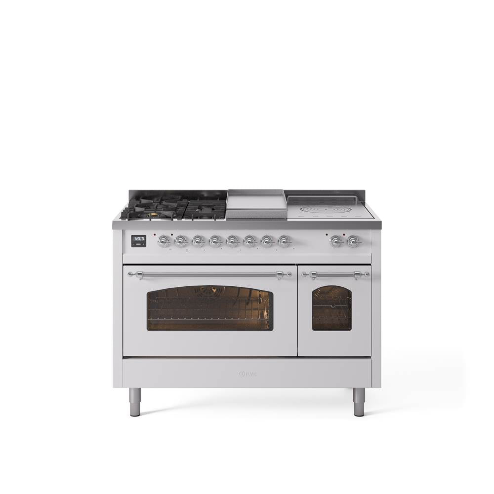 48'' Nostalgie II Series Freestanding Dual Fuel Range - Double Oven - White - Bronze trim - Griddle, Coup de Feu,- Natural Gas