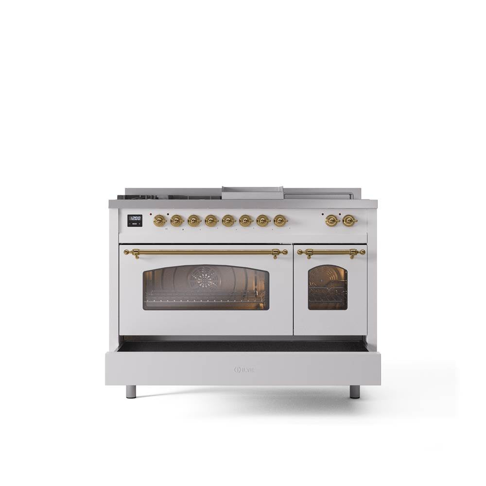 48'' Nostalgie II Series Freestanding Dual Fuel Range - Double Oven - White - Bronze trim - Griddle, Coup de Feu,- Natural Gas