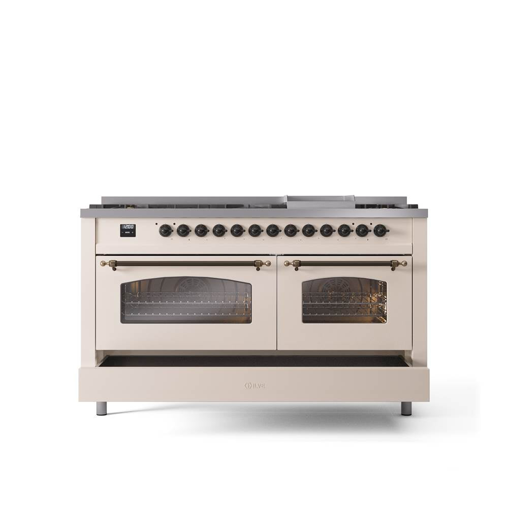60'' Nostalgie II Series Freestanding Dual Fuel Range - Double Oven - Antique White - Bronze trim - Griddle - Natural Gas