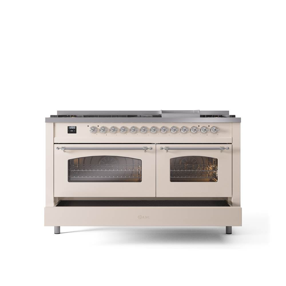 60'' Nostalgie II Series Freestanding Dual Fuel Range - Double Oven - Antique White - Bronze trim - Griddle - Natural Gas