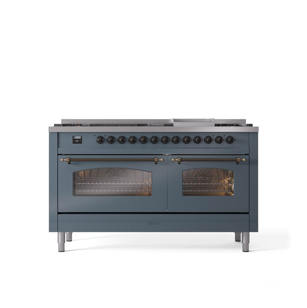 ILVE - 60'' Nostalgie II Series Freestanding Dual Fuel Range - Double Oven - Blue Grey - Bronze trim - Griddle - Natural Gas - Bronze