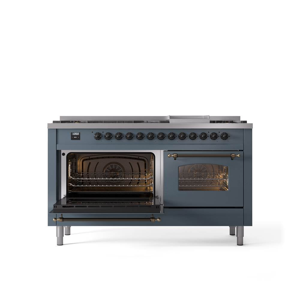 60'' Nostalgie II Series Freestanding Dual Fuel Range - Double Oven - Blue Grey - Bronze trim - Griddle - Natural Gas