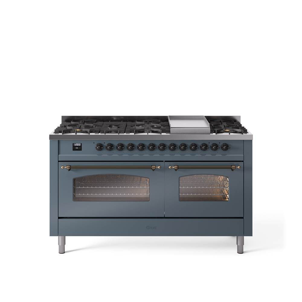 60'' Nostalgie II Series Freestanding Dual Fuel Range - Double Oven - Blue Grey - Bronze trim - Griddle - Natural Gas