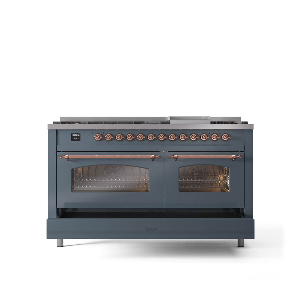60'' Nostalgie II Series Freestanding Dual Fuel Range - Double Oven - Blue Grey - Bronze trim - Griddle - Natural Gas