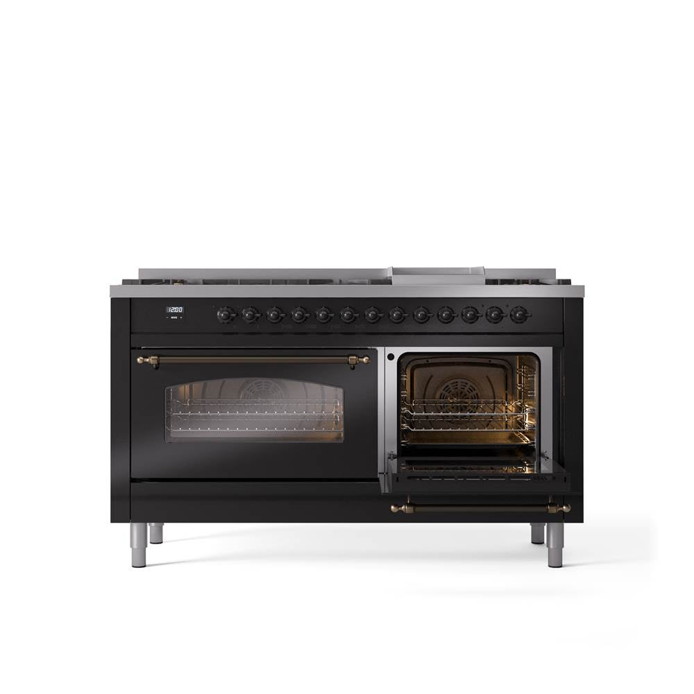 60'' Nostalgie II Series Freestanding Dual Fuel Range - Double Oven - Glossy Black - Bronze trim - Griddle - Natural Gas