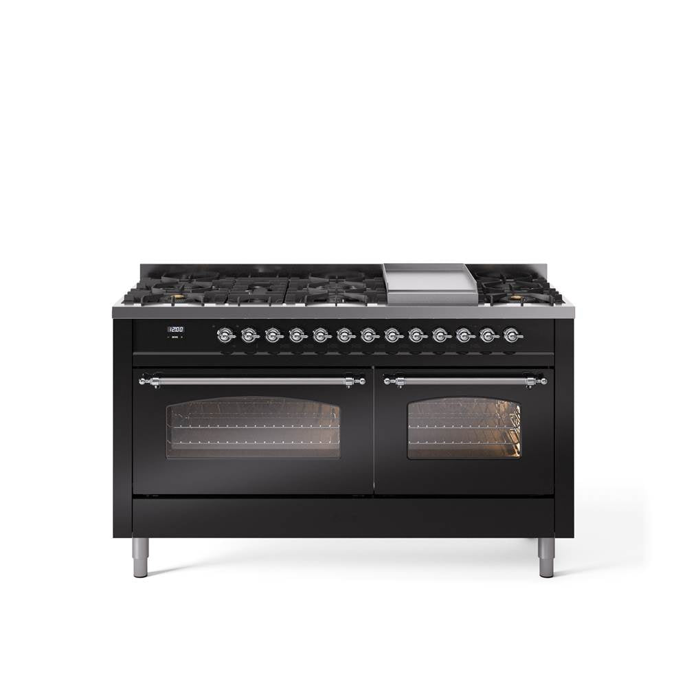 60'' Nostalgie II Series Freestanding Dual Fuel Range - Double Oven - Glossy Black - Bronze trim - Griddle - Natural Gas
