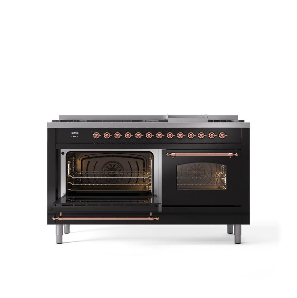 60'' Nostalgie II Series Freestanding Dual Fuel Range - Double Oven - Glossy Black - Bronze trim - Griddle - Natural Gas