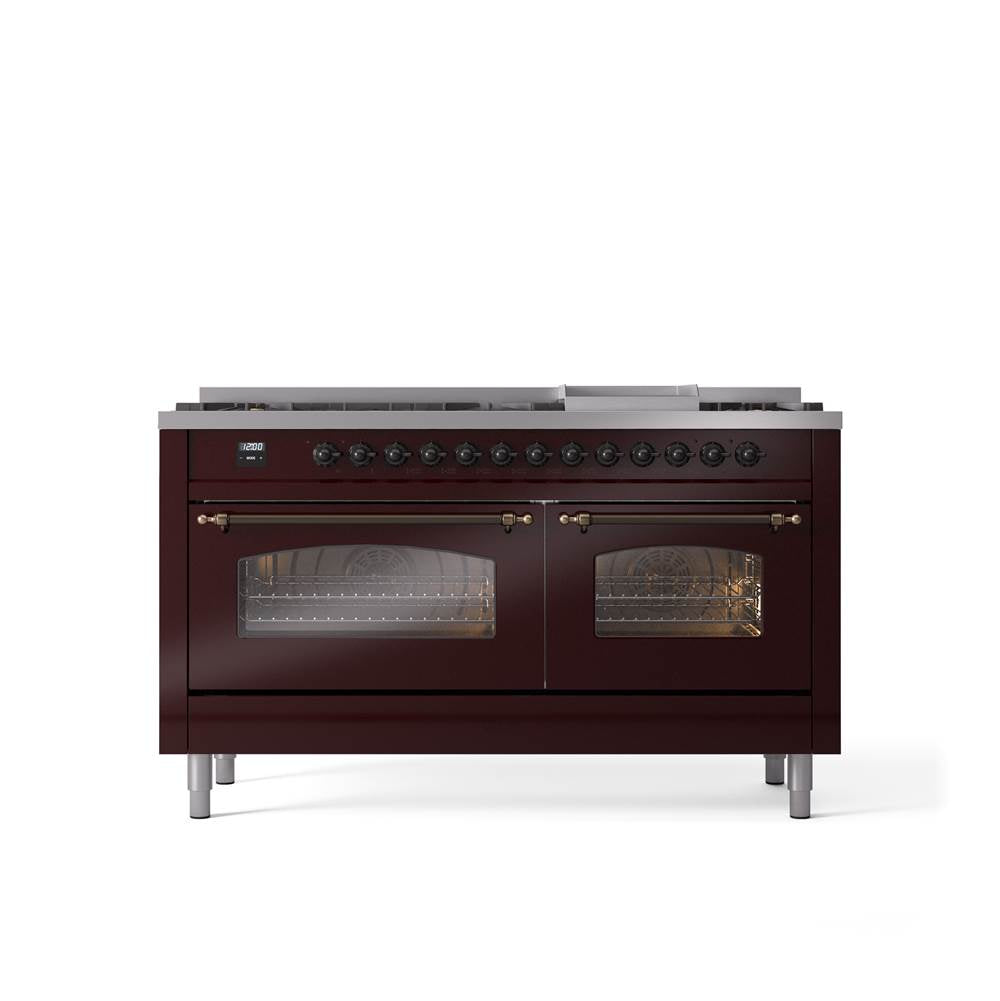 ILVE - 60'' Nostalgie II Series Freestanding Dual Fuel Range - Double Oven - Burgundy - Bronze trim - Griddle - Natural Gas - Bronze