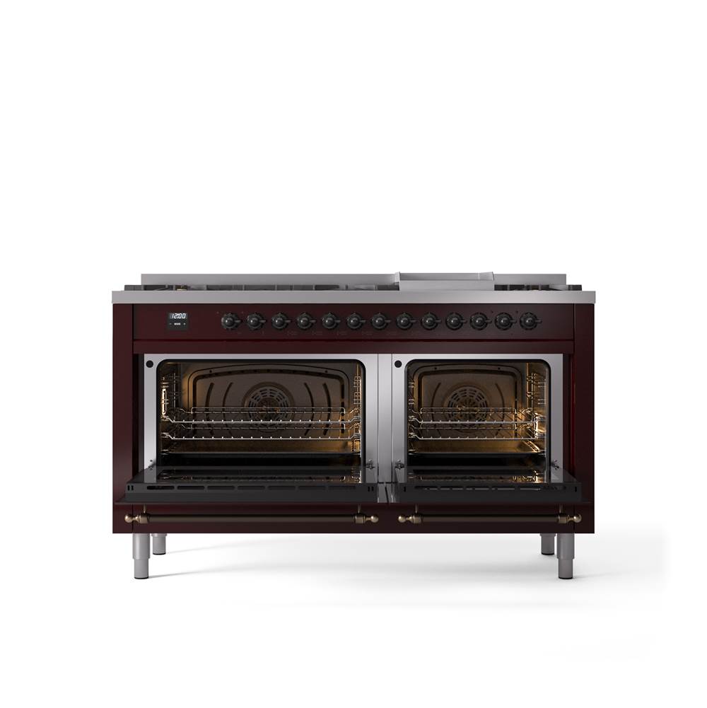 60'' Nostalgie II Series Freestanding Dual Fuel Range - Double Oven - Burgundy - Bronze trim - Griddle - Natural Gas