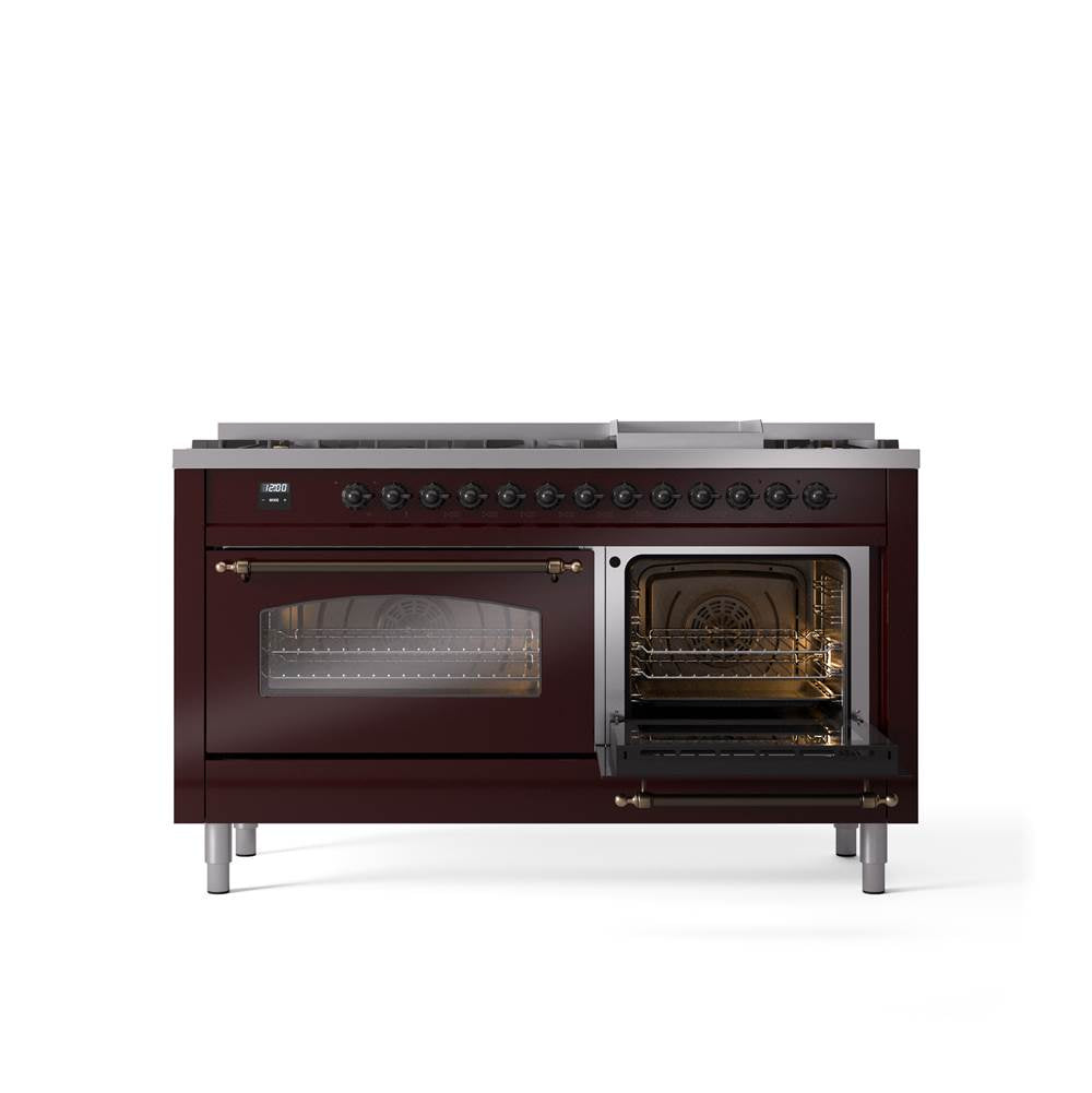 60'' Nostalgie II Series Freestanding Dual Fuel Range - Double Oven - Burgundy - Bronze trim - Griddle - Natural Gas
