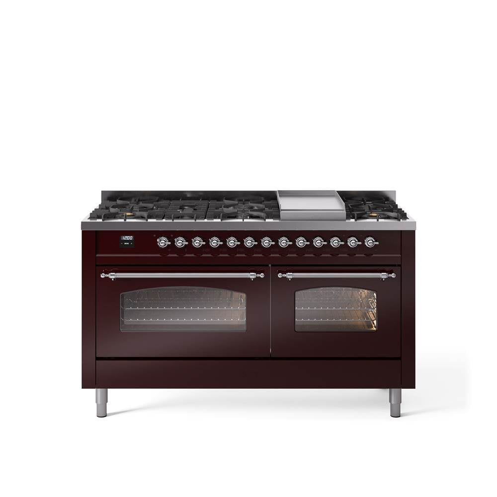 60'' Nostalgie II Series Freestanding Dual Fuel Range - Double Oven - Burgundy - Bronze trim - Griddle - Natural Gas