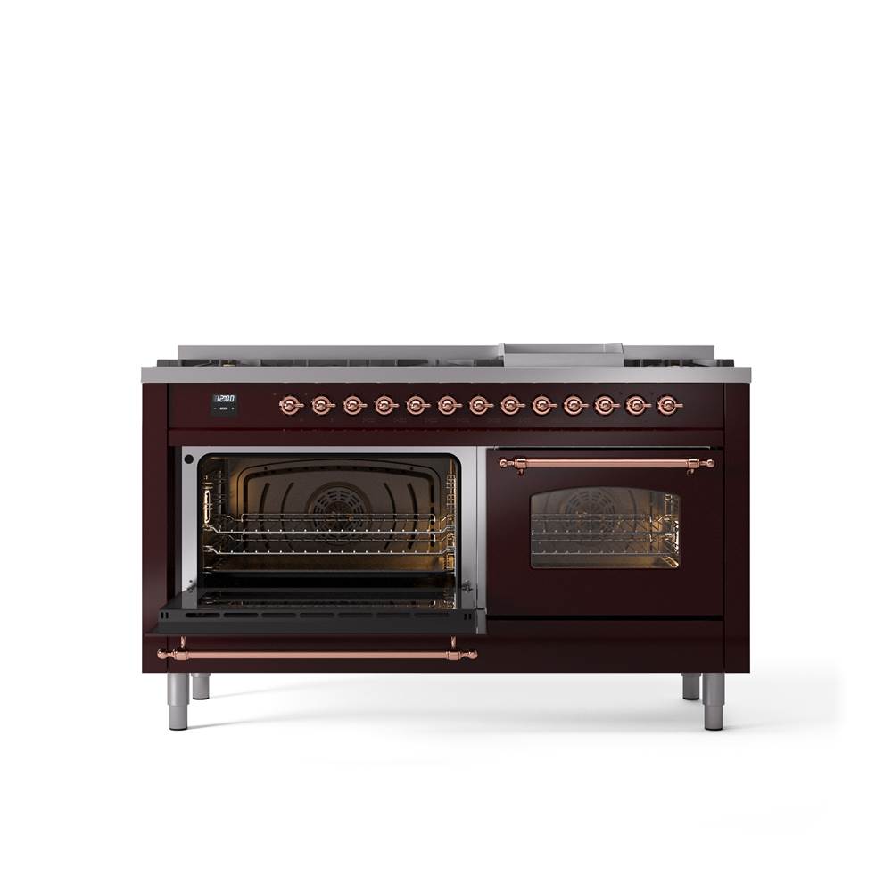 60'' Nostalgie II Series Freestanding Dual Fuel Range - Double Oven - Burgundy - Copper trim - Griddle - Natural Gas
