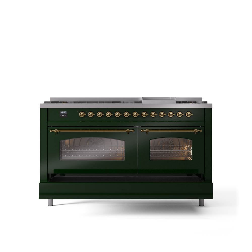 60'' Nostalgie II Series Freestanding Dual Fuel Range - Double Oven - Emerald Green - Bronze trim - Griddle - Natural Gas