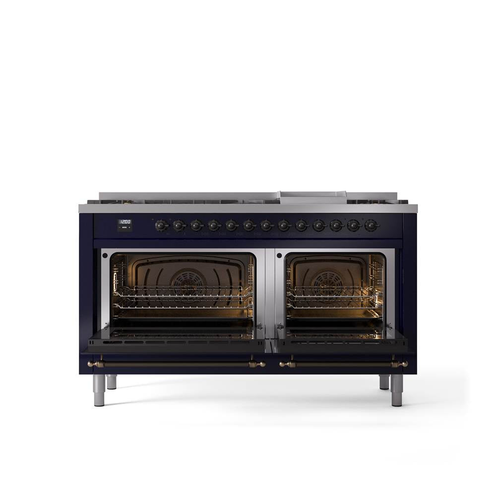 60'' Nostalgie II Series Freestanding Dual Fuel Range - Double Oven - Midnight Blue - Bronze trim - Griddle - Natural Gas