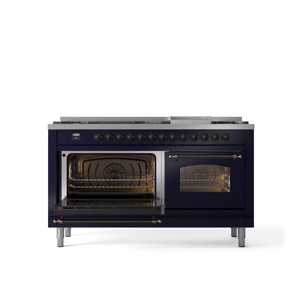 60'' Nostalgie II Series Freestanding Dual Fuel Range - Double Oven - Midnight Blue - Bronze trim - Griddle - Natural Gas