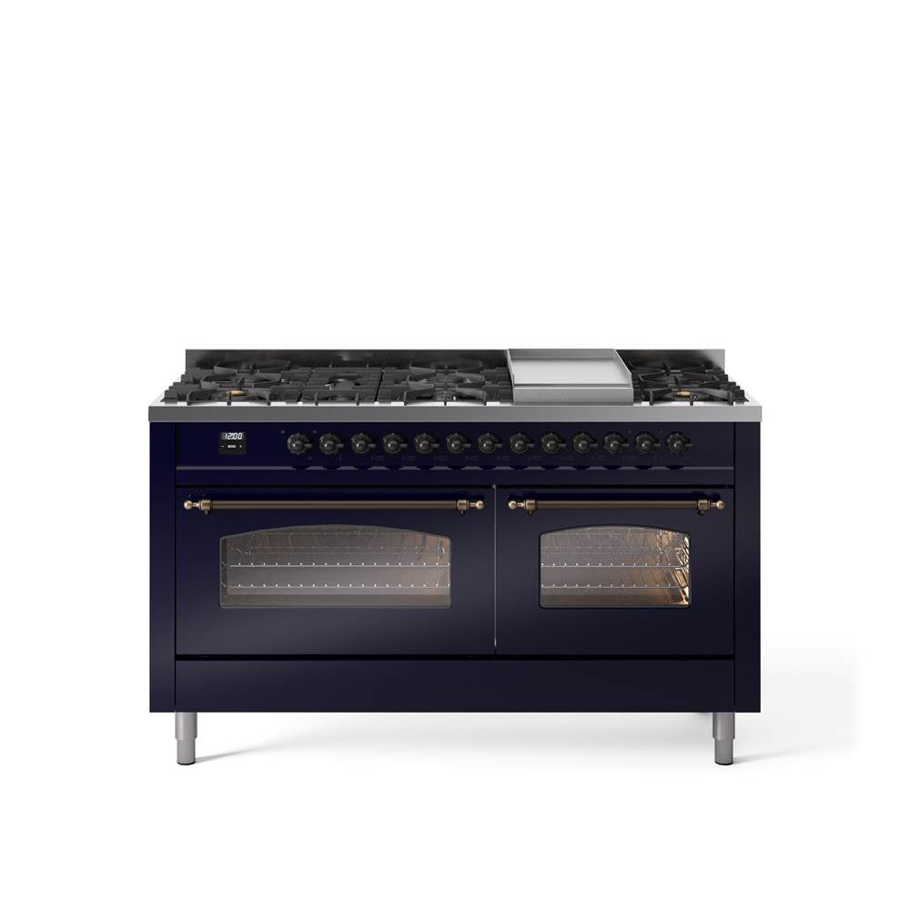 60'' Nostalgie II Series Freestanding Dual Fuel Range - Double Oven - Midnight Blue - Bronze trim - Griddle - Natural Gas