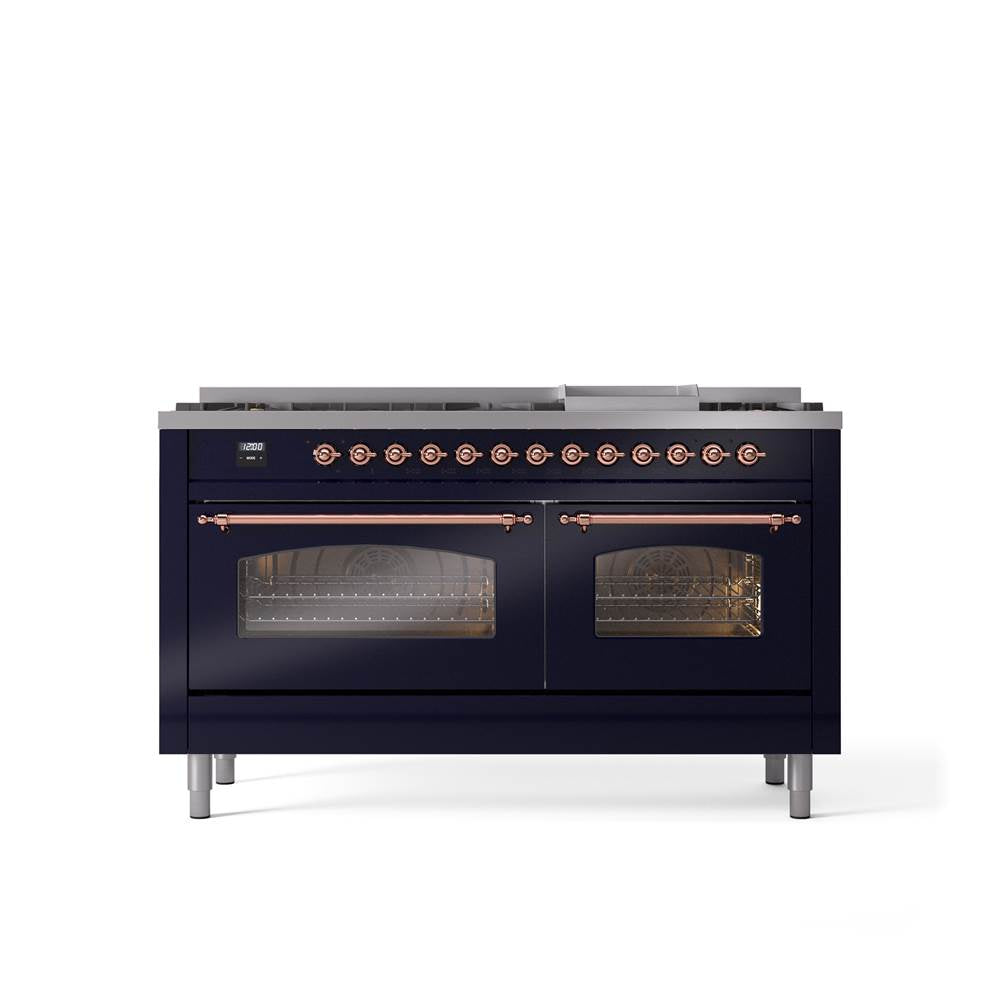 ILVE - 60'' Nostalgie II Series Freestanding Dual Fuel Range - Double Oven - Midnight Blue - Copper trim - Griddle - Natural Gas - Copper