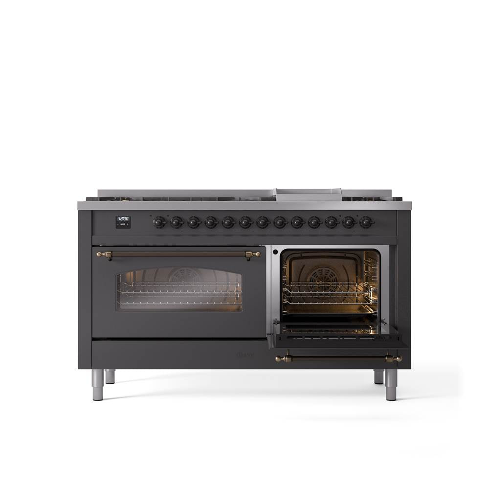 60'' Nostalgie II Series Freestanding Dual Fuel Range - Double Oven - Matte Graphite - Bronze trim - Griddle - Natural Gas