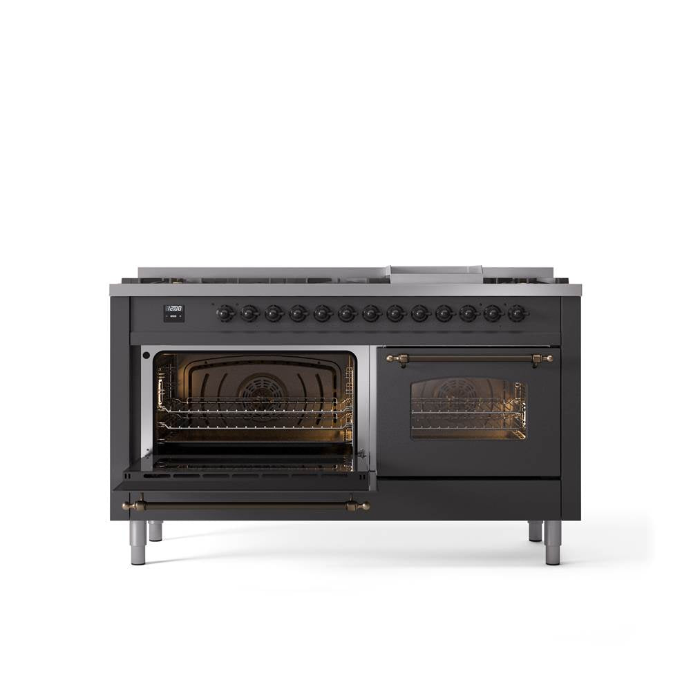 60'' Nostalgie II Series Freestanding Dual Fuel Range - Double Oven - Matte Graphite - Bronze trim - Griddle - Natural Gas