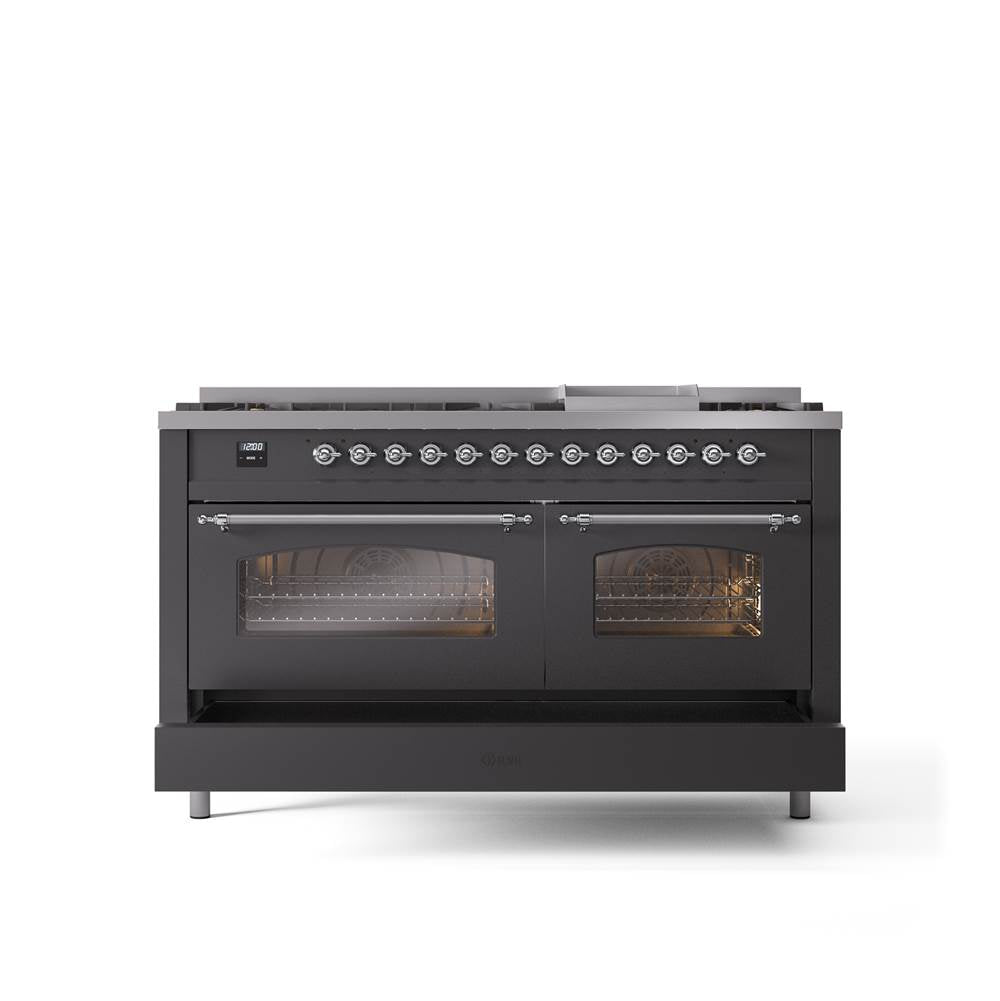 60'' Nostalgie II Series Freestanding Dual Fuel Range - Double Oven - Matte Graphite - Bronze trim - Griddle - Natural Gas