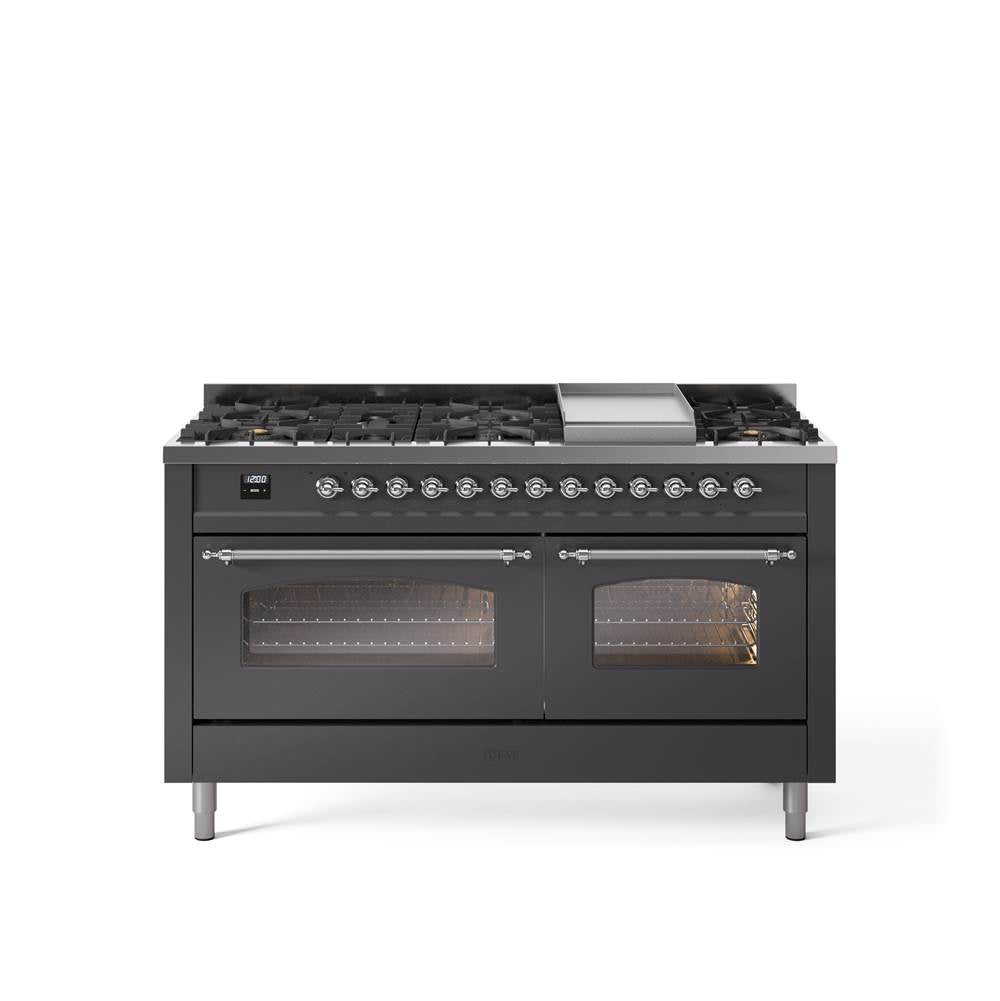 60'' Nostalgie II Series Freestanding Dual Fuel Range - Double Oven - Matte Graphite - Bronze trim - Griddle - Natural Gas