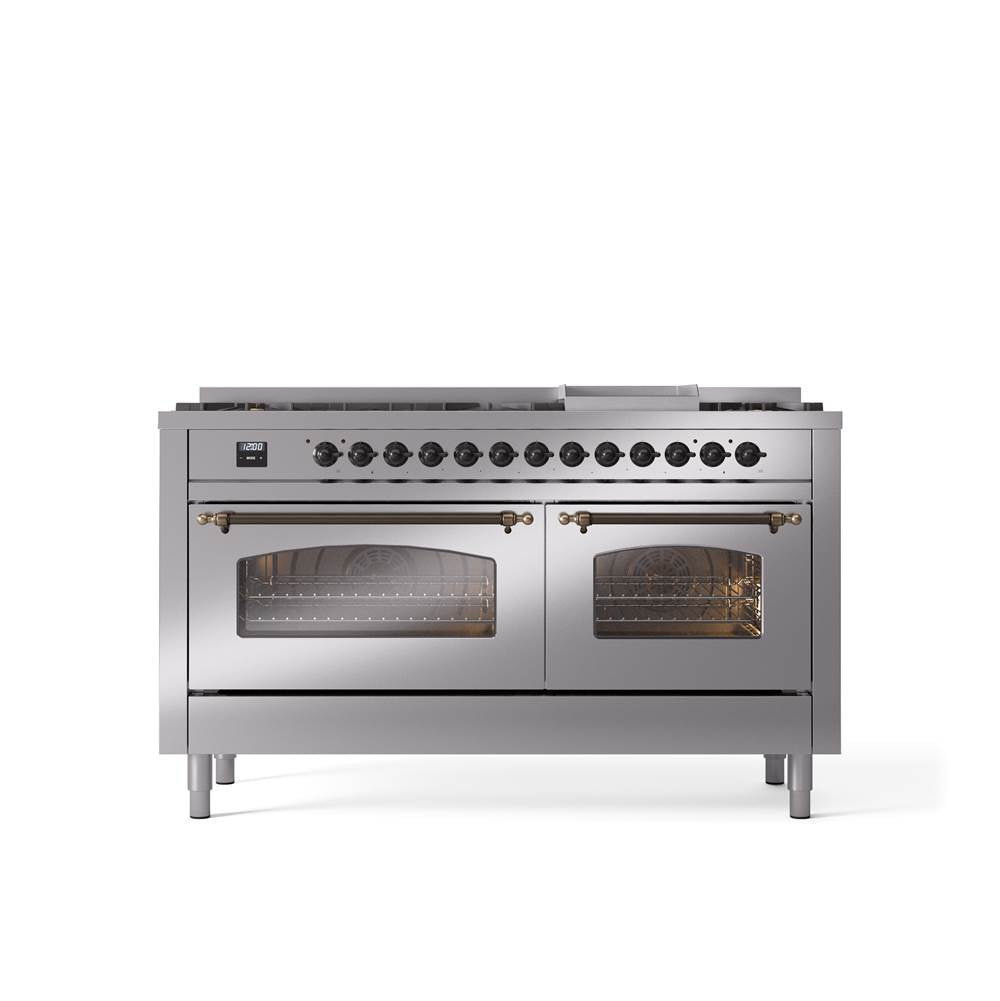 ILVE - 60'' Nostalgie II Series Freestanding Dual Fuel Range - Double Oven - Stainless Steel - Bronze trim - Griddle - Natural Gas - Bronze