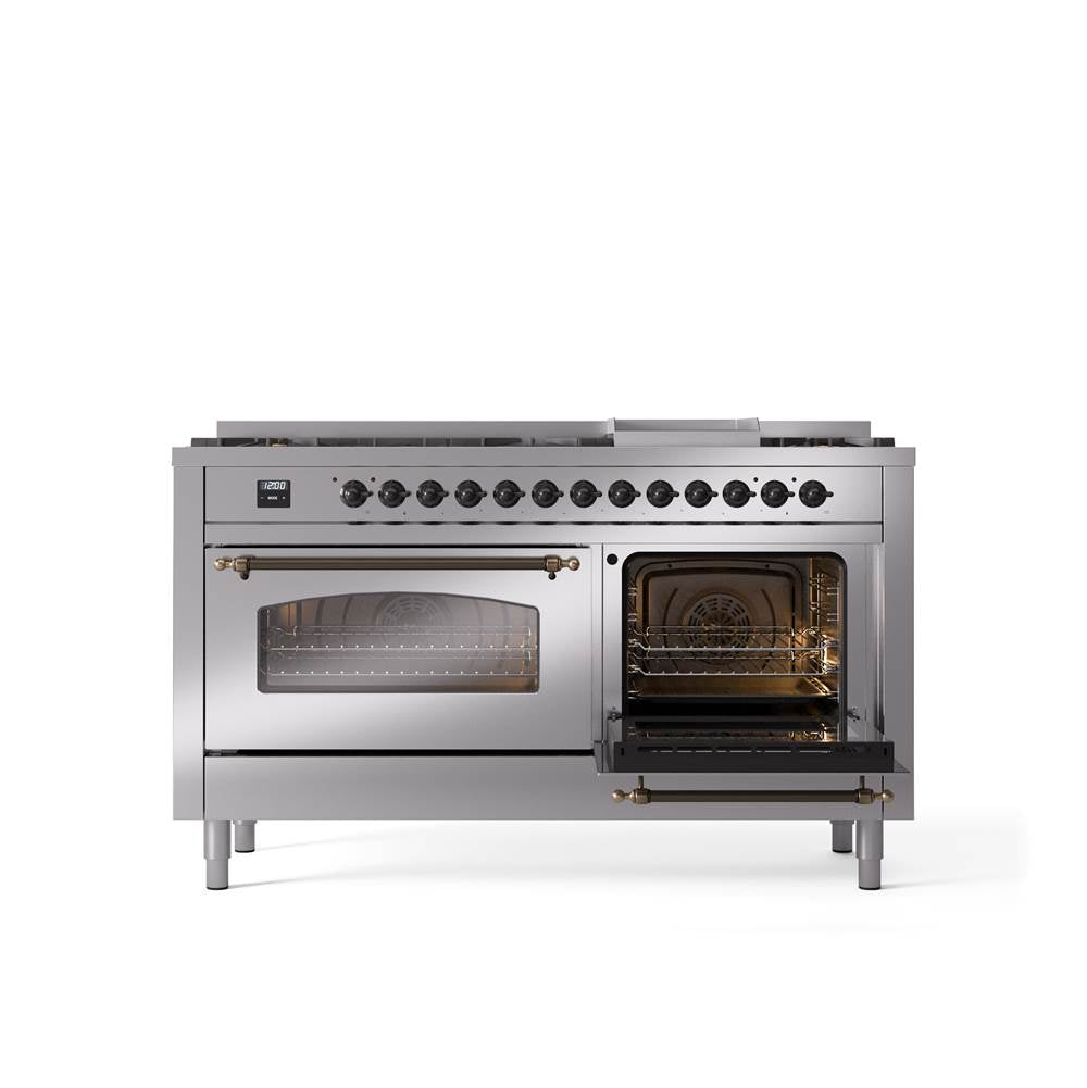 60'' Nostalgie II Series Freestanding Dual Fuel Range - Double Oven - Stainless Steel - Bronze trim - Griddle - Natural Gas