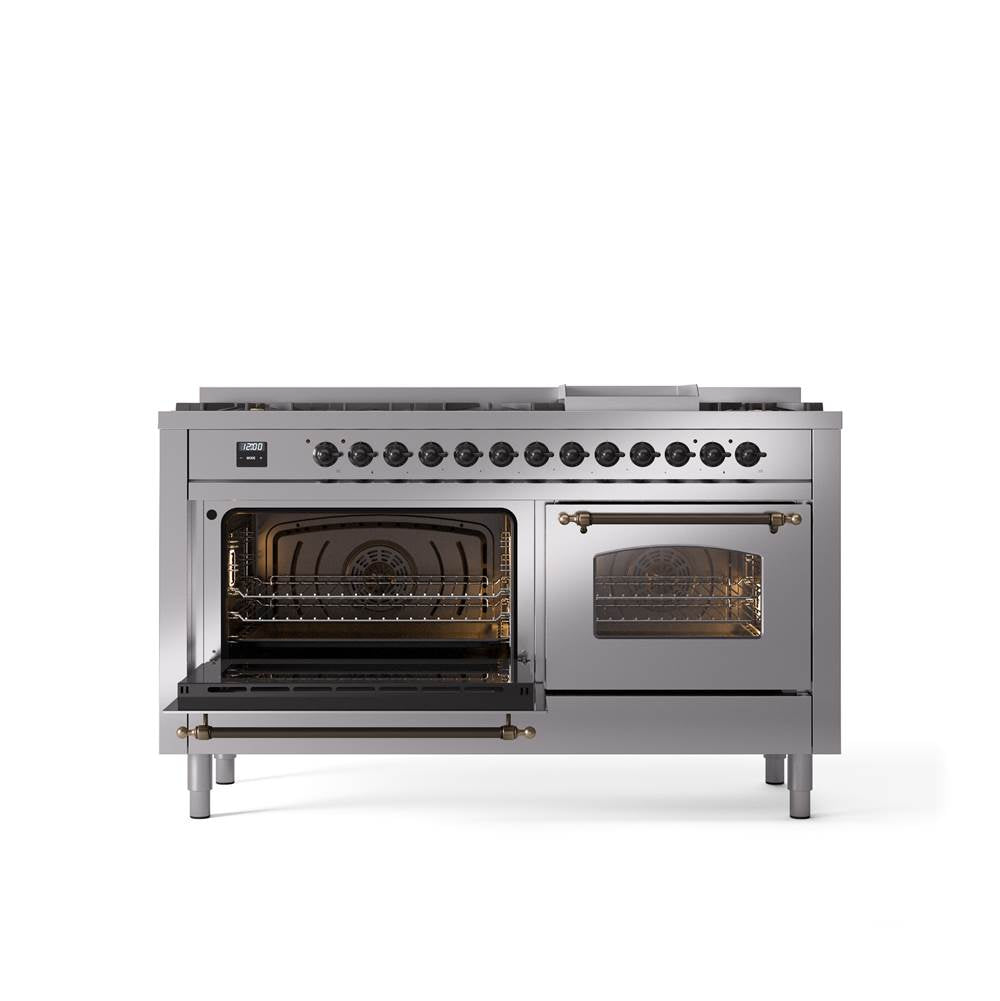 60'' Nostalgie II Series Freestanding Dual Fuel Range - Double Oven - Stainless Steel - Bronze trim - Griddle - Natural Gas