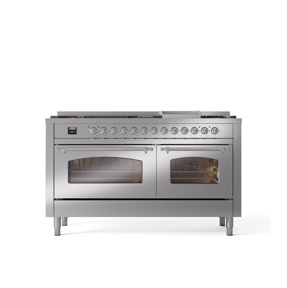 ILVE - 60'' Nostalgie II Series Freestanding Dual Fuel Range - Double Oven - Stainless Steel - Chrome trim - Griddle - Natural Gas - Chrome