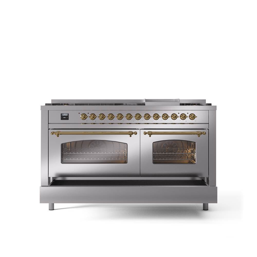60'' Nostalgie II Series Freestanding Dual Fuel Range - Double Oven - Stainless Steel - Bronze trim - Griddle - Natural Gas