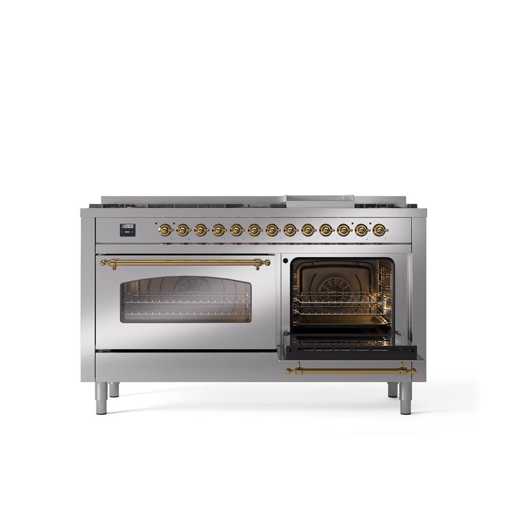 60'' Nostalgie II Series Freestanding Dual Fuel Range - Double Oven - Stainless Steel - Bronze trim - Griddle - Natural Gas