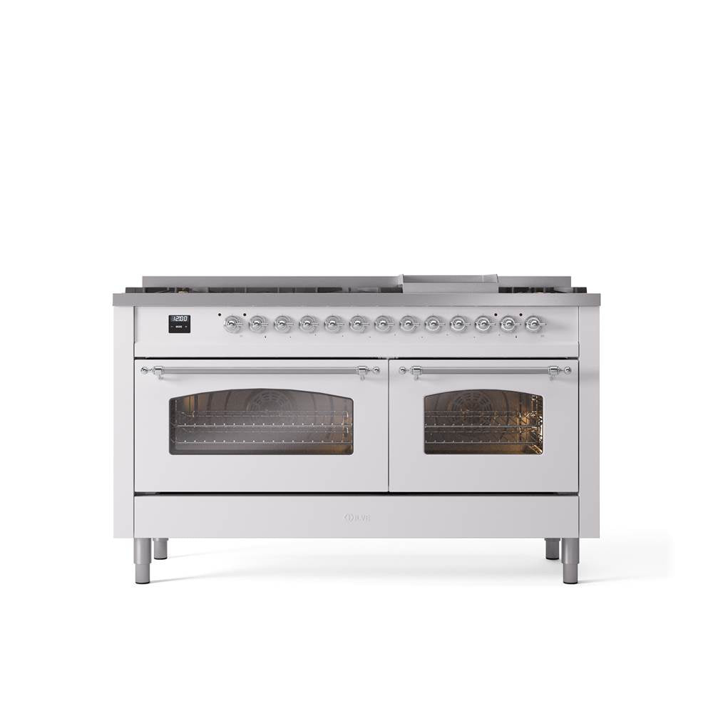 ILVE - 60'' Nostalgie II Series Freestanding Dual Fuel Range - Double Oven - White - Chrome trim - Griddle - Natural Gas - Chrome