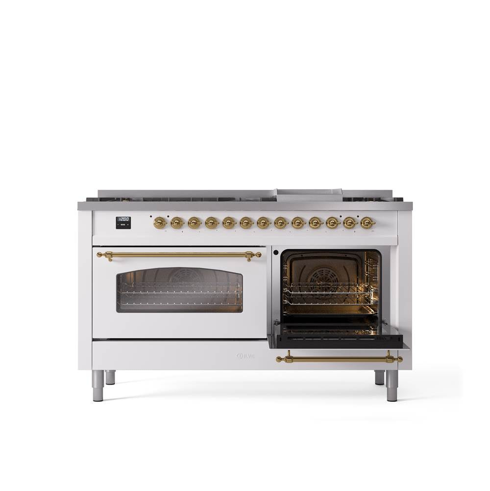 60'' Nostalgie II Series Freestanding Dual Fuel Range - Double Oven - White - Bronze trim - Griddle - Natural Gas