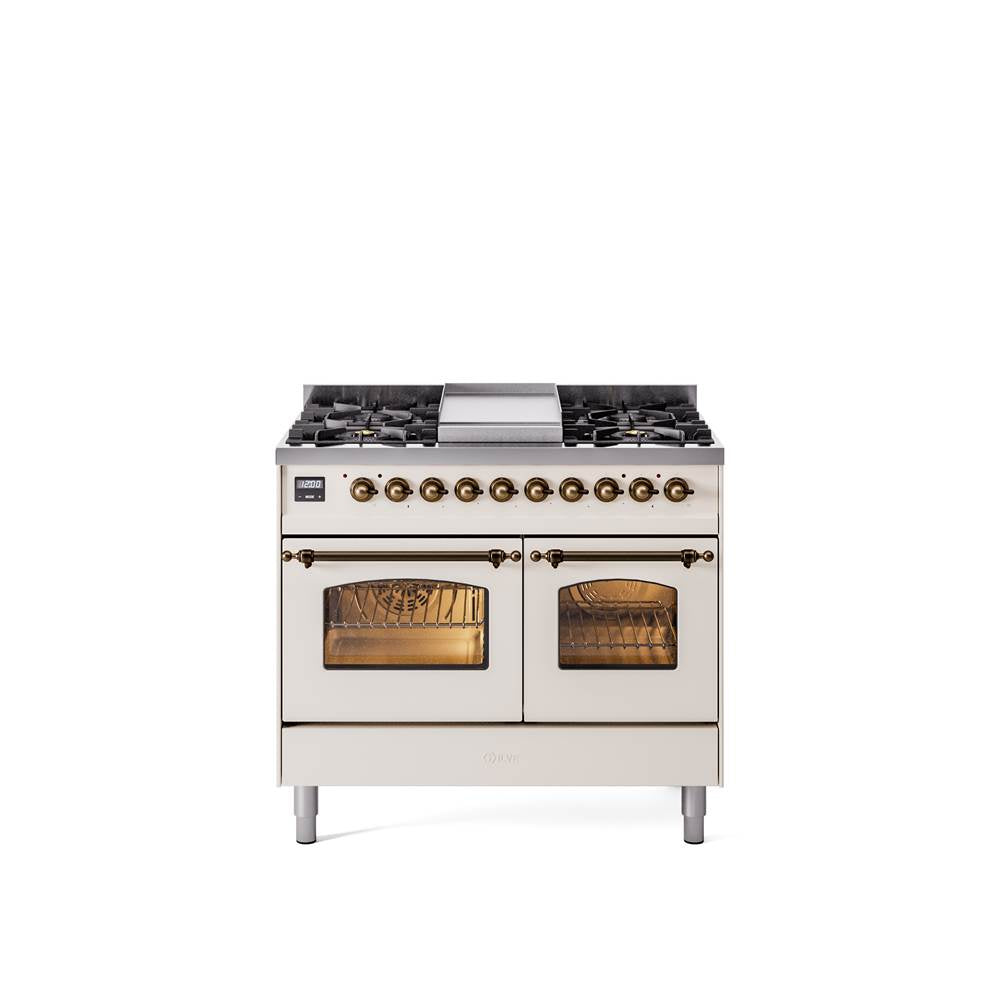 40'' Nostalgie II Series Freestanding Dual Fuel Range - Double Oven - Antique White - Bronze trim - Griddle - Natural Gas