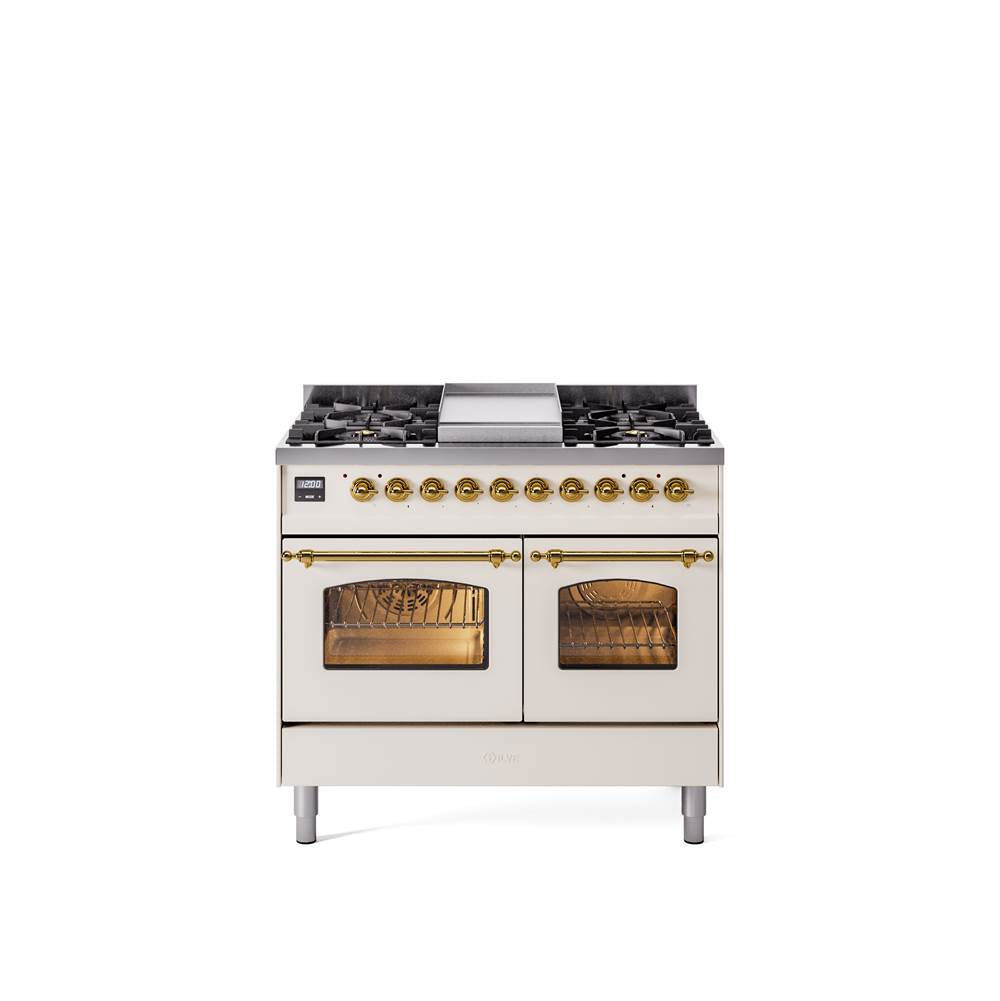 40'' Nostalgie II Series Freestanding Dual Fuel Range - Double Oven - Antique White - Bronze trim - Griddle - Natural Gas