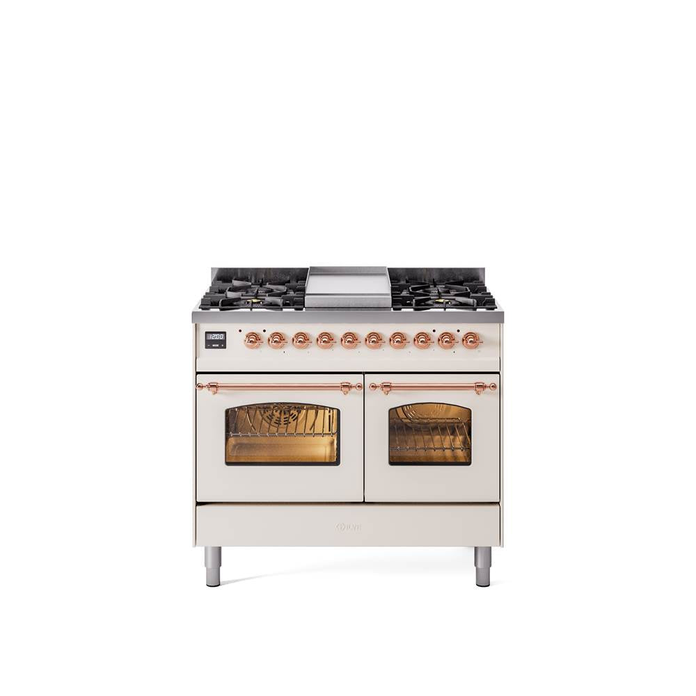 40'' Nostalgie II Series Freestanding Dual Fuel Range - Double Oven - Antique White - Bronze trim - Griddle - Natural Gas