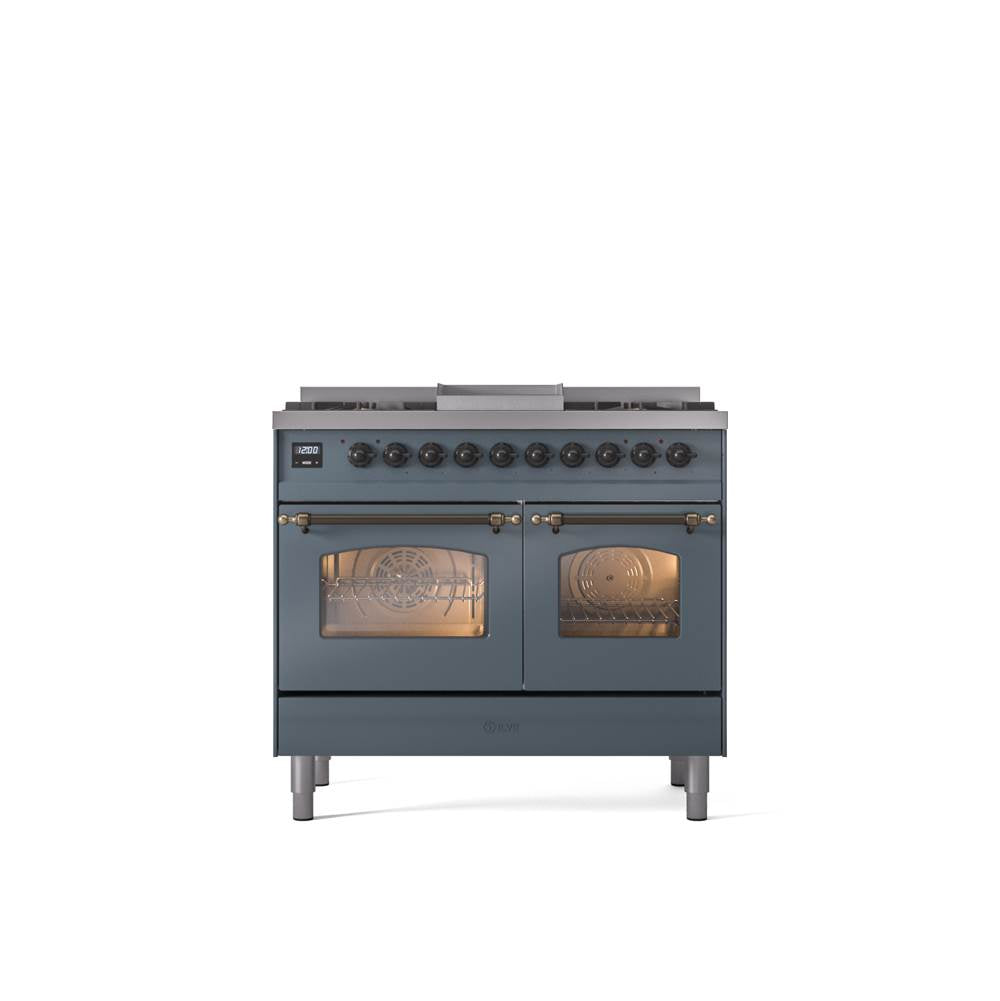ILVE - 40'' Nostalgie II Series Freestanding Dual Fuel Range - Double Oven - Blue Grey - Bronze trim - Griddle - Natural Gas - Bronze