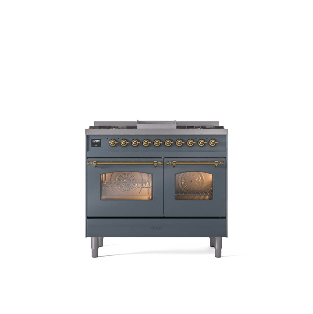 ILVE - 40'' Nostalgie II Series Freestanding Dual Fuel Range - Double Oven - Blue Grey - Brass trim - Griddle - Natural Gas - Brass