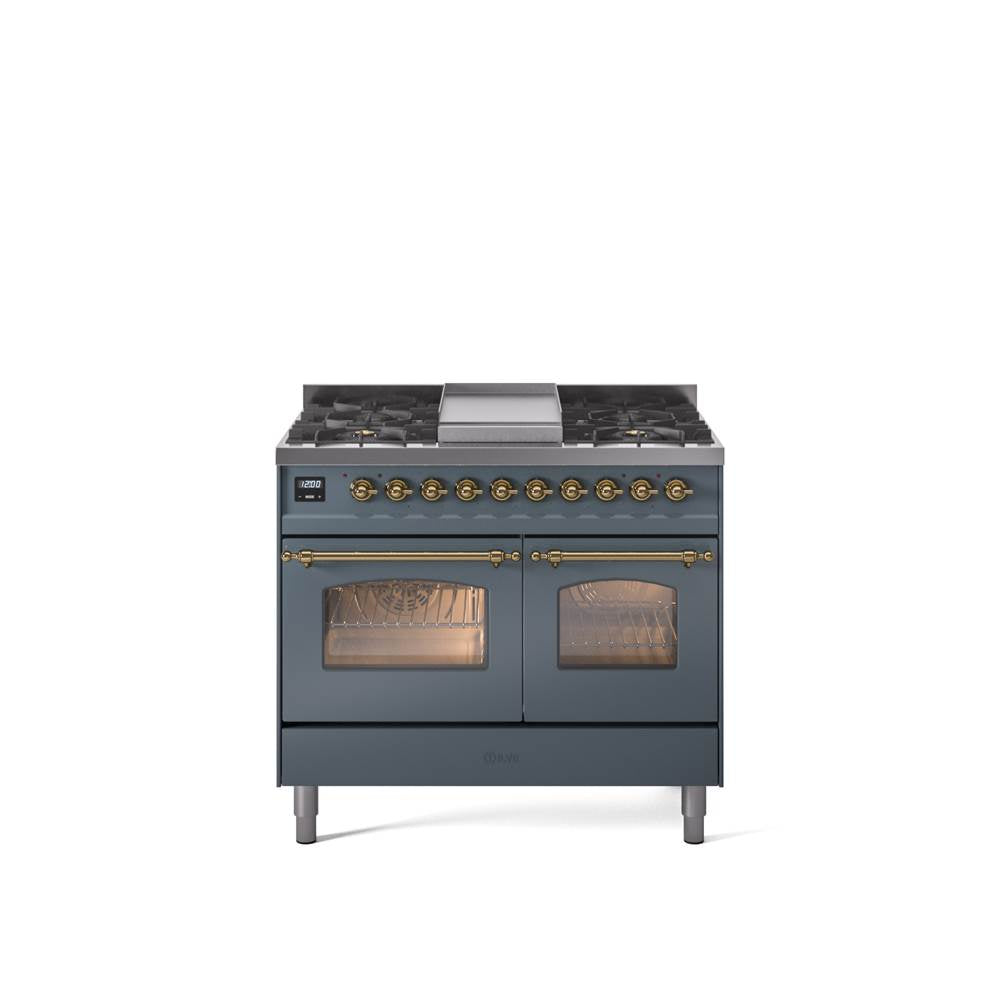 40'' Nostalgie II Series Freestanding Dual Fuel Range - Double Oven - Blue Grey - Bronze trim - Griddle - Natural Gas