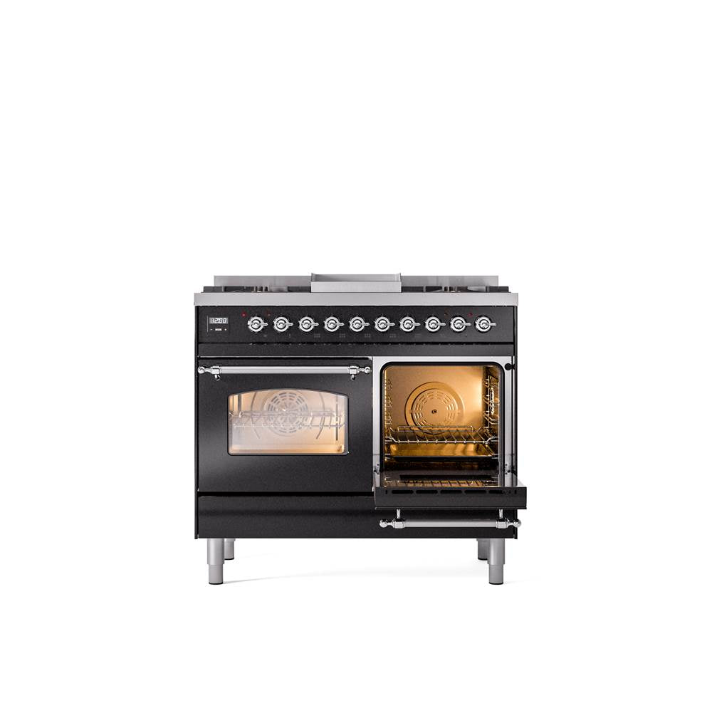 40'' Nostalgie II Series Freestanding Dual Fuel Range - Double Oven - Glossy Black - Bronze trim - Griddle - Natural Gas