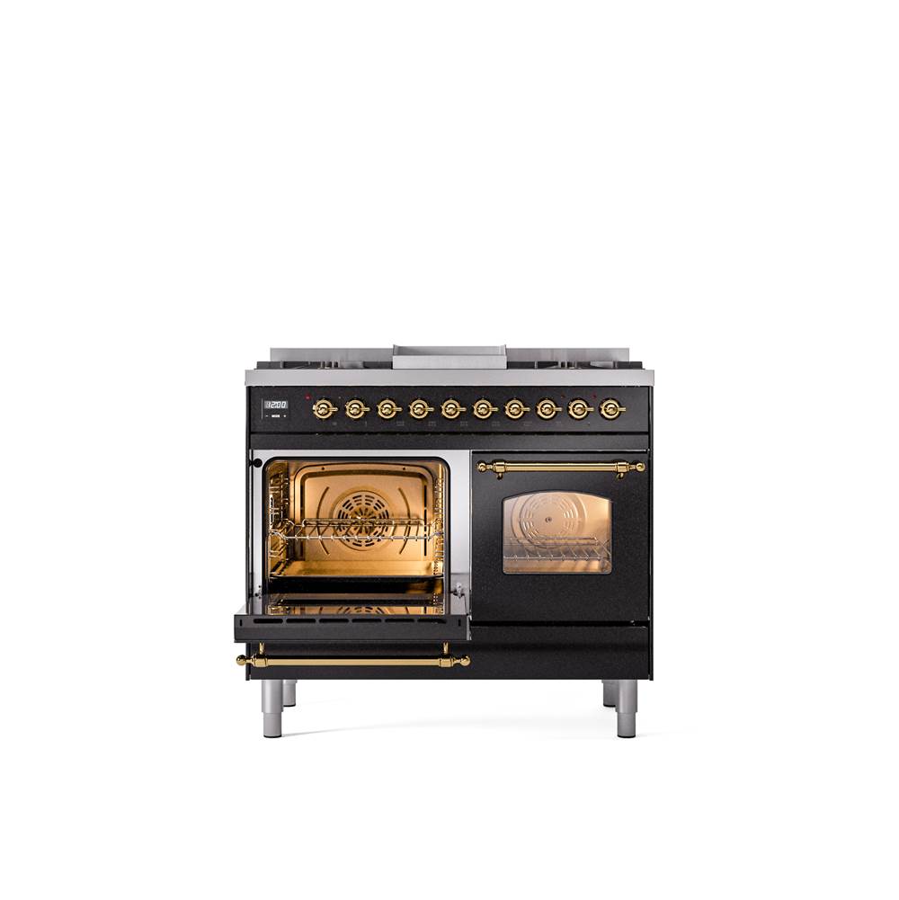 40'' Nostalgie II Series Freestanding Dual Fuel Range - Double Oven - Glossy Black - Bronze trim - Griddle - Natural Gas