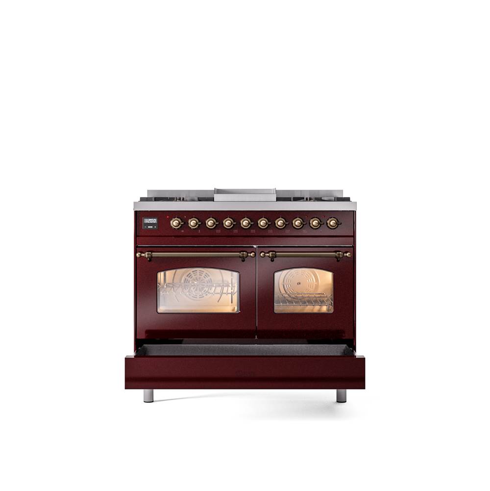 40'' Nostalgie II Series Freestanding Dual Fuel Range - Double Oven - Burgundy - Bronze trim - Griddle - Natural Gas